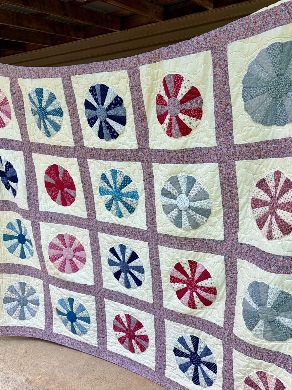 Vintage Handmade Dresden Plate Quilt - 84x85-Cottagecore Floral Patchwork Quilt
